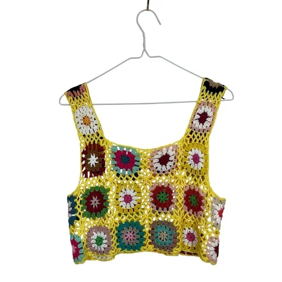 VTG Crochet Granny Square Crop Tank Top Multicolor Boho Festival Size Small - Picture 4 of 6